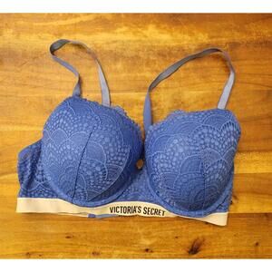 Victorias Secret Bra 38D Logo Lined Demi Lace Blue Underwire Multi Way Strap